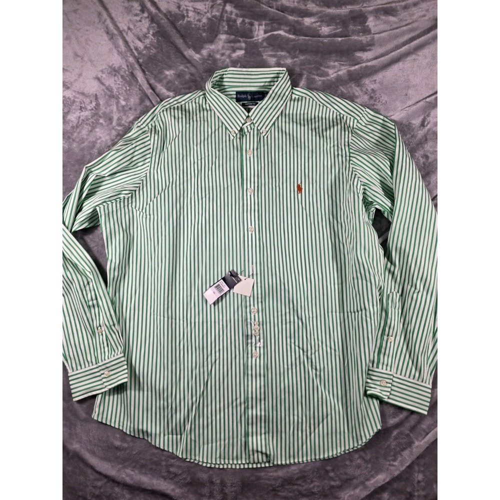 NWT Ralph Lauren Poplin Shirt GREEN/WHITE STRIPE Custom Fit Button Down Mens 2XL